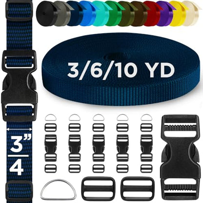 TECEUM 3/4" Nylon Strap Kit with Buckles, Navy Blue 6 yards Repair Set | Heavy duty hardware kit: 6yd webbing, 6 quick release buckles, 12 tri-glide slide clips, 6 metal D-rings for crafting. - color: Navy Blue, size: 3/4" - 6 yards, style: 6 Buckle - 12