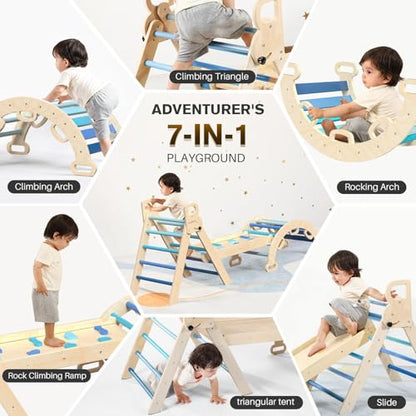 Pikler Triangle Set with Safe Handle, Climbing Toys for 1-3 Year | Foldable 7-in-1 Montessori Toddler Climbing Toys Indoor, Wooden Pickler Climbing Set, Baby Jungle Gym & Playground, Sky Blue - color: Sky Blue