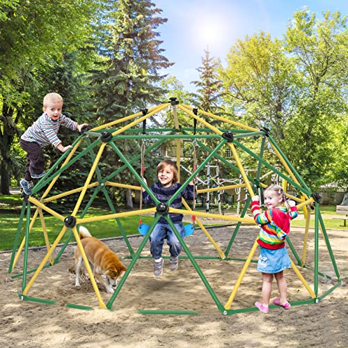 Climbing Dome with Hammock Swing Seat 10ft Outdoor Jungle Gym Kids Playset - color: Yellow + Green