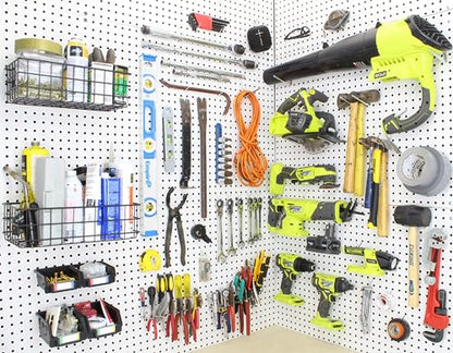 Peg Board Hooks for Hanging Tools with Bins and Baskets – Tool Organization Accessories Kit – Organizer Set of 1 inch, 2 inch, 4 inch L Hooks, J Hook, Pliers Rack, Screwdriver Holder - size: Set w/ Baskets+Bins