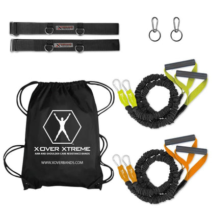 X-Over Home Rehab Gym Bundle Resistance Bands with Clip & Ring Set, Door Anchor Straps & Carry Bag for at-Home Shoulder & Arm Care, Strengthening, Reduce Pain, Injury Prevention, & Recovery - size: Level 1