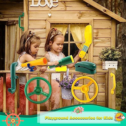 11 Pcs Playground Swing Set Accessories Plastic Pirate Steering Wheel with Safety Handles Telescope Periscope Telephone Playset for Outdoor Playground Treehouse Jungle Gym Accessories