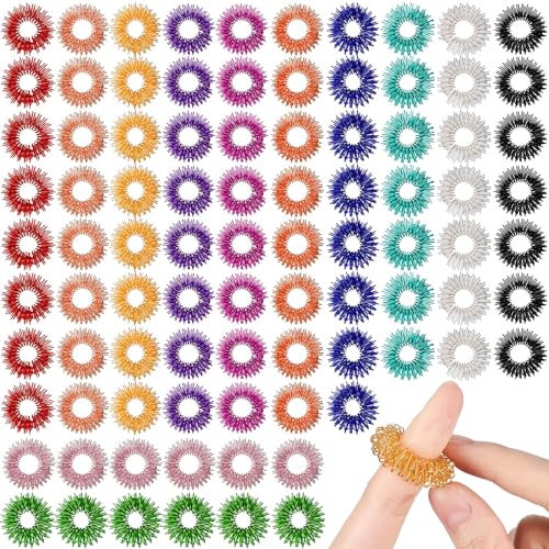 Nuogo 200 Pcs Acupressure Rings Fidget Spiky Sensory Finger Massager Ring Stress Relief Fidget Sensory Toys Anxiety Relief Toys Stress Reducer for Men, Women(Vivid Color) - color: Vivid Color