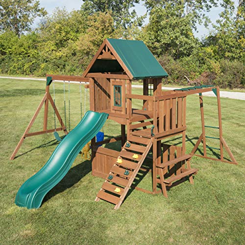 Swing-N-Slide Fremont Wooden Swing Set with Slide, Glider, Swings, Monkey Bars, Climbing Wall and Picnic Table, Wood, Green - size: Fremont