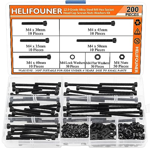 HELIFOUNER 200 Pieces M4 x 30mm /35mm /40mm /45mm /50mm, Hex Socket Head Cap Metric Screws Bolts Washers Nuts Kit, 12.9 Grade Alloy Steel, Fully Threaded, Black - size: M4 x 30/35/40/45/50mm, style: Socket Head