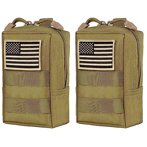 2 Pack Tactical Molle EDC Pouch Multi-Purpose Compact Pack Water-Resistant Utility Pouch with Flag Patch - color: Khaki