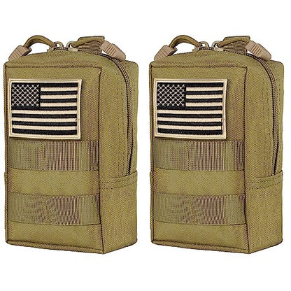 2 Pack Tactical Molle EDC Pouch Multi-Purpose Compact Pack Water-Resistant Utility Pouch with Flag Patch - color: Khaki