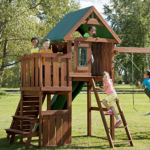 Swing-N-Slide PB 9241-1 Knightsbridge Wooden Swing Set with Slide, Swings, Glider, Climbing Wall, Green Slide - size: Knightsbridge
