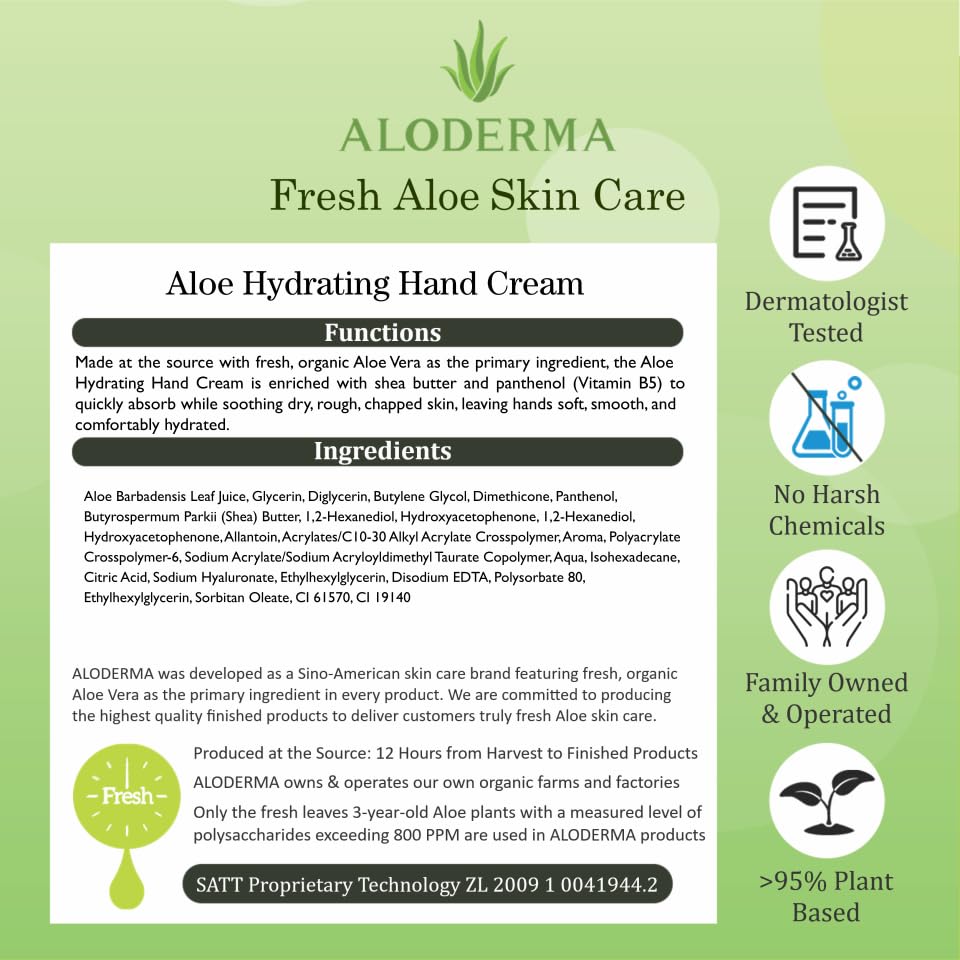 Aloderma Aloe Hydrating Hand Cream, Non-Greasy Hand Lotion, 3.5 oz x6 | Gently scented vegan formula with shea butter, travel size 100 ml hand cream for cracked skin - ideal for office or gym use - size: 3.5 Fl Oz (Pack of 6)