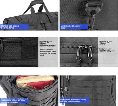 Gym Bag for Women & Men Tactical Duffle Military Weekender Travel Work Out Bags Lightweight Waterproof Sports Tote Shoe Pocket - color: Black