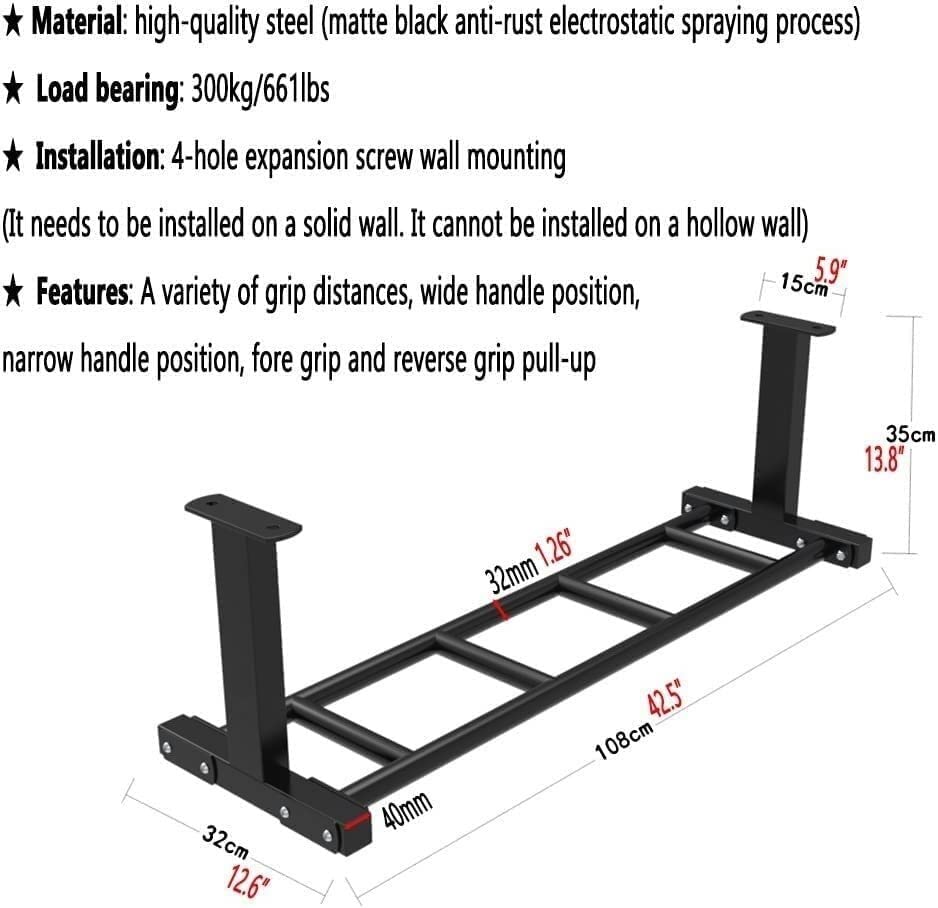 Wall-Mounted Pull Up Bar Chin Up Bar Safe and Stable Horizontal Bar Climbing Frame Suitable for Muscle Strength Training in Home Gym Load 300KG,