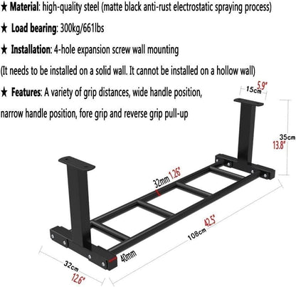 Wall-Mounted Pull Up Bar Chin Up Bar Safe and Stable Horizontal Bar Climbing Frame Suitable for Muscle Strength Training in Home Gym Load 300KG,