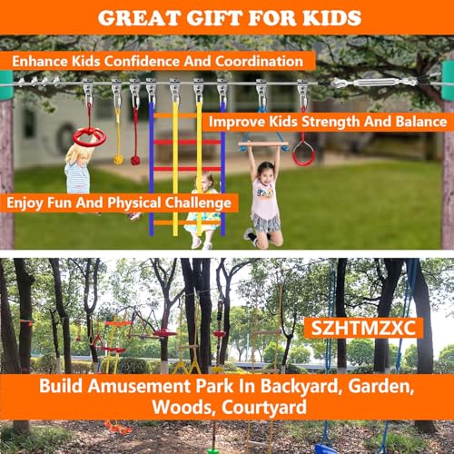 80FT Ninja Warrior Obstacle Course for Kids Backyard Outdoor | Stainless Steel Main Cable, Zipline Pulley, 11 Ninja Training Children Toy Accessories, Monkey Bar, Climbing Net, Swing - size: 80FT 11Pcs