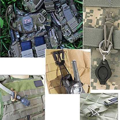 Jadedragon Multipurpose Tactical 360 Rotation D-Ring Clips/Locking Carabiner/Hydration Tube Clips/Elastic String Strap Management Tool for MOLLE Webbing Attachment Backpacks - color: K-Tan