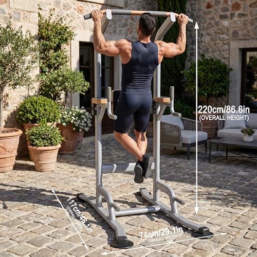 Multi-Function Power Tower Pull Up Bar Station with Pilates Resistance Bands, 450LBS Stable Pull Up Dip Station with Push Up Handles for Home Gym Strength Training Equipment - color: Grey
