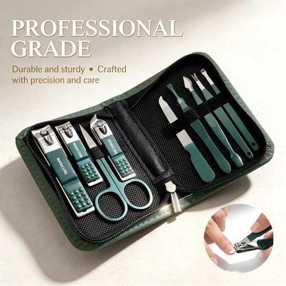 Professional Manicure Pedicure Set 10PCS Stainless Steel Nail Clipper Grooming Kit with Cuticle Trimmer Toenail Cutter Nail File Tweezers Ear Pick Travel Case for Hand Foot Care Emerald Green
