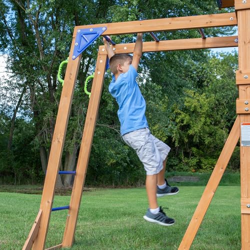 Backyard Discovery Beach Front Cedar Wood Swing Set with Wave Slide, Play Deck, Monkey Bars, Rock Wall Ladder, Shaded Picnic Area, Snack Bar, Belt Swings, Trapeze, Sandbox Area, Outdoor Playset - color: Multicolor