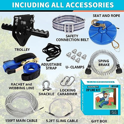 Zip Line Kit for Kids Adults : Up to 380Lbs 150FT Quick Tighten Zipline for Backyard Outdoor with 100% Rust Proof Removable Trolley Seat Spring Brake - size: 150ft