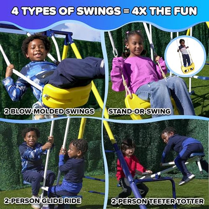 Sportspower Royal Fun Metal Swing Set for Kids Ages 3-8 with 2 Swings, Standing Swing, Glider, Teeter-Totter & 5FT Slide, Anchor Kit, 6.1FT Steel Frame, Outdoor Playground with 800 lbs Weight Capacity