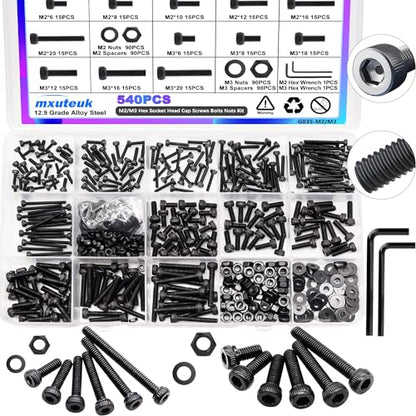 mxuteuk 540PCS M2 M3 Metric Screws Assortment Set Suitable for 3D Printer DIY,Hex Socket Head Cap Screws Bolts Nuts Kit,12.9 Grade Alloy Steel Black Zinc Plated Assorted Screws with Hex Wrench - size: 540PCS M2 M3, style: Hex Socket Head