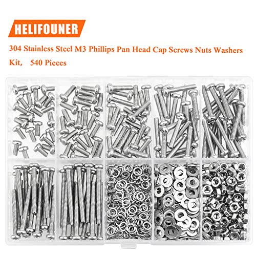HELIFOUNER 540 Pieces M3 x 6mm /8mm /12mm /16mm /20mm /25mm /30mm, Phillips Pan Head Machine Screws, Metric Screws Bolts Washers Nuts Kit, 304 Stainless Steel - size: M3, style: Phillips Pan Head Machine Screws
