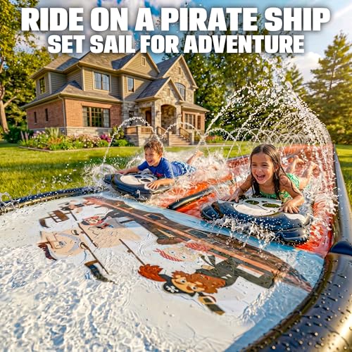 JAMBO Premium 22Ft Water Slide and 2 Bodyboards, Extra Long Heavy Duty Slip Splash and Slide with Inflatable Bumpers, Pirate Splash Mat Water Sprinkler, Outdoor Water Toys, Summer n Toy, Splash Pad - color: 22ft Pirate