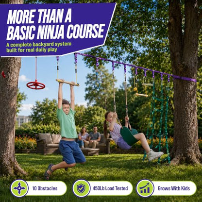 Trailblaze Ninja Warrior Obstacle Course for Kids - Ultimate Outdoor Fun 2x55 Ft Ninja Slackline Climbing Net Rope Ladder Trapeze Swing Monkey Bars - Durable and Safe Ninja Course for Kids Outside | 450lb Capacity Ultimate Outdoor Fun and Durable Ninja Co