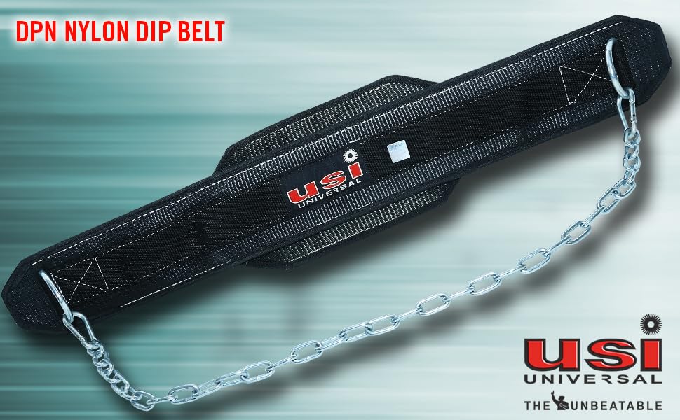 USI UNIVERSAL Dip Belt, DPL Dip Belts With Chain & Snap Hook, Padded Nylon & Metal Construction, Contoured Shape To Fit Around Waist, Weight Capacity (Dips) 60kg, 6" Padding