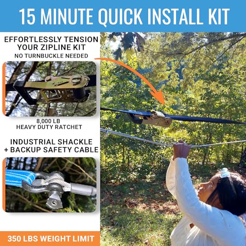 Zip Line Kit for Kids and Adults, 100/120/150/200 ft, Up to 350 Lbs, Removable Trolley, Rustproof Stainless Steel, Quick Setup with Ratchet, Safety Harness, Backyard Adventure Fun W/Climbing Holds - size: 200' Zipline Kit