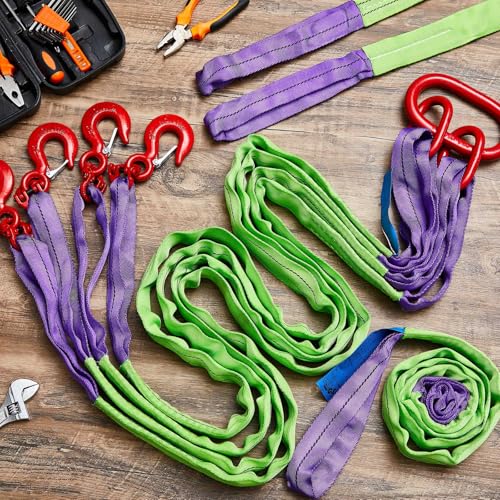 2 Pcs 6.6 ft Polyester Lifting Straps Set - Four Leg Bridle Web Sling & Endless Round Slings Rigging Straps for Hoist, Engine, Crane, Machinery Moving & Tree Stump Removal 6600 lbs Capacity