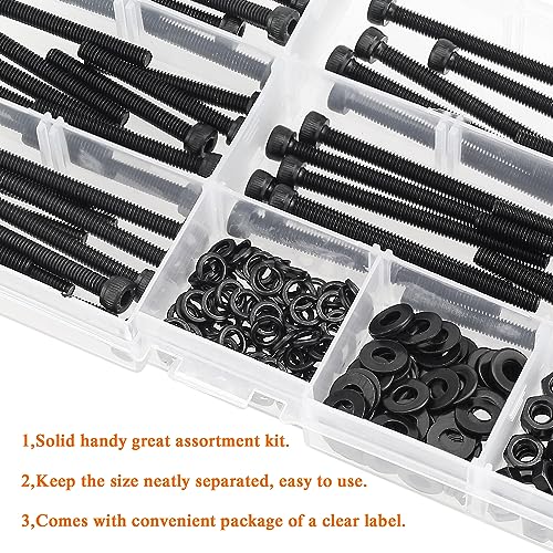 HELIFOUNER 200 Pieces M4 x 30mm /35mm /40mm /45mm /50mm, Hex Socket Head Cap Metric Screws Bolts Washers Nuts Kit, 12.9 Grade Alloy Steel, Fully Threaded, Black - size: M4 x 30/35/40/45/50mm, style: Socket Head