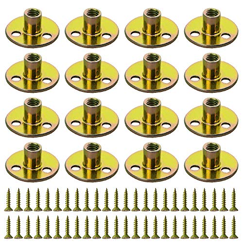 WMYCONGCONG 64PCS 3/8” Brad Hole Tee T-nut with Round Base Iron Plate Nut Screw Set Furniture Hardware Flange Insert Female Thread T-Nut with Mounting Screws Set (3/8" - 64Pcs) - size: 3/8" - 64Pcs