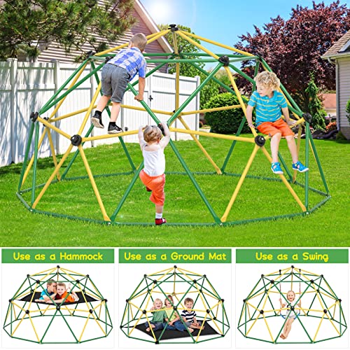 Climbing Dome with Hammock Swing Seat 10ft Outdoor Jungle Gym Kids Playset - color: Yellow + Green