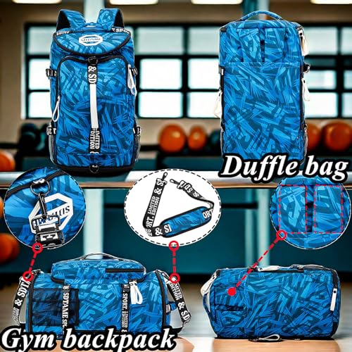 Gym Duffle Bag Backpack with Shoe Compartment,4 ways Travel Backpack for Women and Men,Multi-Functional Weekender bag with Waterproof Layer&Laptop Compartment for Fitness, Travel,Camping - color: Blue