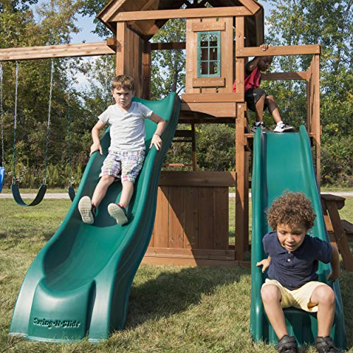 Swing-N-Slide Lookout Mountain Wooden Swing Set with Two Slides, Climbing Wall, Swings, Glider & Picnic Table, Wood - size: Lookout Mountain