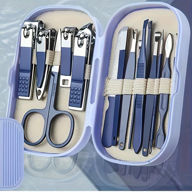 Nail Kit Clippers Pedicure Tools for Feet-Professional Travel Nail Kit 14pcs Grooming Kit Portable Case - color: Blue