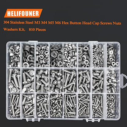 HELIFOUNER 810 Pieces M3 M4 M5 M6 304 Stainless Steel Button Head Socket Cap Metric Screws Bolts, Flat Washers and Nuts Assortment Kit with Hex Wrenches - size: M3 M4 M5 M6 (810 Pieces), style: Button Head Screws