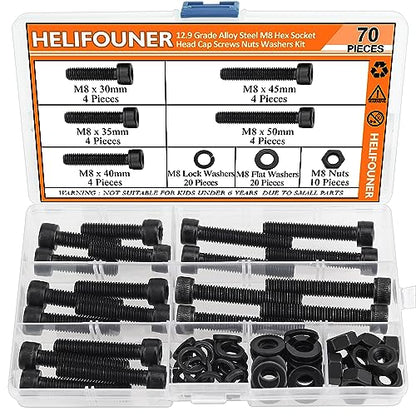 HELIFOUNER 70 Pieces M8 x 30mm /35mm /40mm /45mm /50mm, Hex Socket Head Cap Metric Screws Bolts Washers Nuts Kit, 12.9 Grade Alloy Steel, Fully Threaded, Black - size: M8 x 30/35/40/45/50mm, style: Socket Head