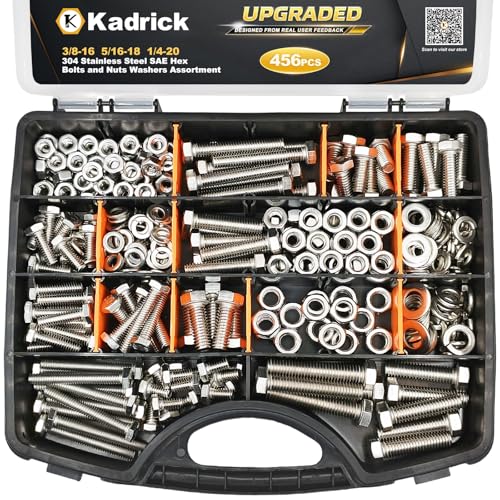 Kadrick 456Pcs 18-8(304) Stainless Steel Hex Bolts Assortment,1/4-20 5/16-18 3/8-16 Heavy Duty Bolts and Nuts Kit, Assorted SAE Bolts Nuts Flat&Lock Washers,Lenth Form 1/2''-2'' - size: 456Pcs Stainless SAE Hex Bolts
