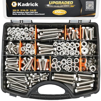 Kadrick 456Pcs 18-8(304) Stainless Steel Hex Bolts Assortment,1/4-20 5/16-18 3/8-16 Heavy Duty Bolts and Nuts Kit, Assorted SAE Bolts Nuts Flat&Lock Washers,Lenth Form 1/2''-2'' - size: 456Pcs Stainless SAE Hex Bolts