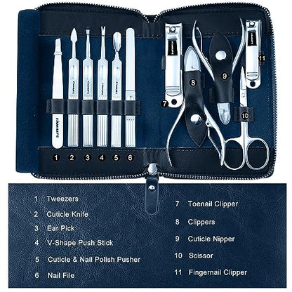 Manicure Kit, FAMILIFE Professional Manicure Set Nail Kit, 11 in 1 Stainless Steel Nail Clippers Set for Men Pedicure Tool, Men Grooming Tool with Portable Blue Leather Travel Case Luxury Gifts - color: Navy Blue
