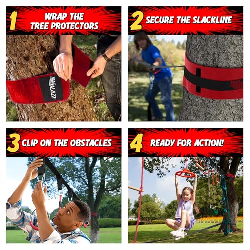 Trailblaze Ninja Warrior Obstacle Course - Ultimate Outdoor Fun 50 Ft Ninja Slackline Climbing Net, Rope Ladder, Trapeze, Swing, Monkey Bars (50ft Single Line Kit – 8 Obstacles) - color: 50ft Single Line Kit - 8 Obstacles