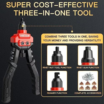 WETOLS 3 in 1 Rivet Nut Tool, Rivet Gun, Reamer Set, Professional Rivet Gun Kit with 5 Rivet Heads and 6 Metric & SAE Mandrels, Hand Riveter Tool with 50 Rivets and 60 Rivet Nuts, Sturdy Case, WE-890 - size: 3 in 1 rivet nut tool