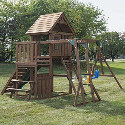 Swing-N-Slide WS 8352 Knightsbridge Ultimate Wooden Swing Set with Slide, Play Set, Monkey Bars, Climbing Wall, Wood Roof, Picnic Table & Glider, Wood, Green - size: Knightsbridge Ultimate