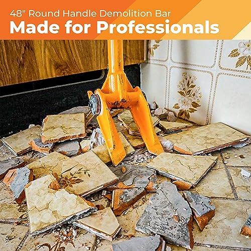48” Demolition Pry Bar & Crowbar – Round Handle Wrecking Bar for Ceiling & Wall Demo – Heavy Duty Nail Puller Tool for Contractors, Firefighters & Home Renovations - size: 48" Round