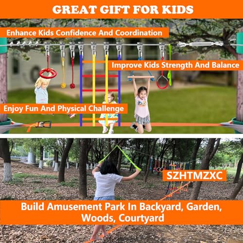 2x65FT Ninja Warrior Obstacle Course for Kids Outdoor, | Stainless Steel Rope, Bottom Slackline, 14 Ninja Course Children Toy Accessories, Climbing Net, Swing, CPSC Approval - size: 65FT 14Pcs Bottom Rope