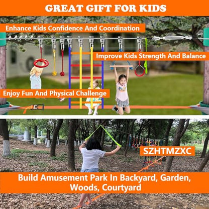 2x65FT Ninja Warrior Obstacle Course for Kids Outdoor, | Stainless Steel Rope, Bottom Slackline, 14 Ninja Course Children Toy Accessories, Climbing Net, Swing, CPSC Approval - size: 65FT 14Pcs Bottom Rope