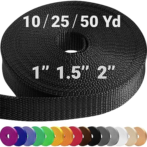TECEUM Webbing Strap, 3/4" to 2", 10-50 Yds, Multi-Color Heavy Duty Tape | Polypropylene waterproof flat rope for outdoor DIY, sewing, camping, EDC gear, backpack repair and pet dog leashes. - color: Black, size: 1"- 10 yards