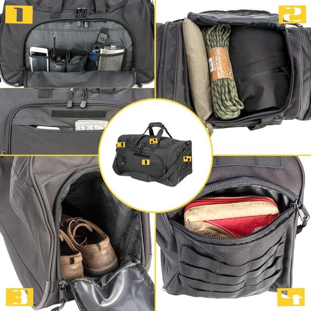 Gym Bag for Women & Men Tactical Duffle Military Weekender Travel Work Out Bags Lightweight Waterproof Sports Tote Shoe Pocket - color: Black