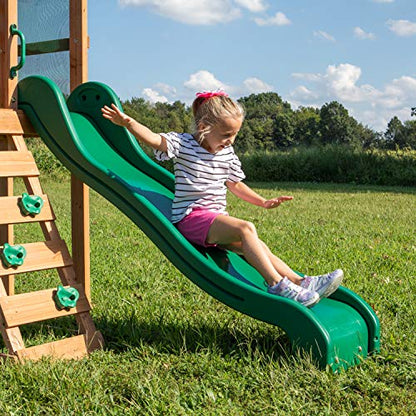Backyard Discovery Buckley Hill Cedar Wood Swing Set with Wave Slide, Play Deck, Rock Wall Ladder, Belt Swings, Chalkboard, Canopy Roof, Outdoor Playset - color: Green